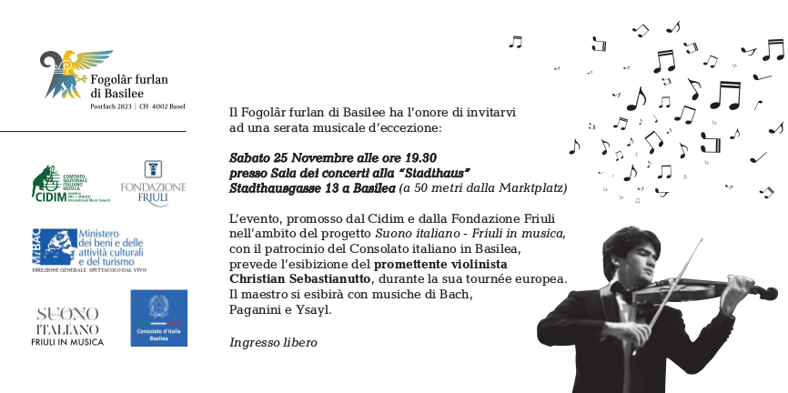 Concerto Suono italiano – Friuli in musica (Sabato 25 novembre ore 17.30 – Basilea, sala dei concerti alla “Stadthaus”)