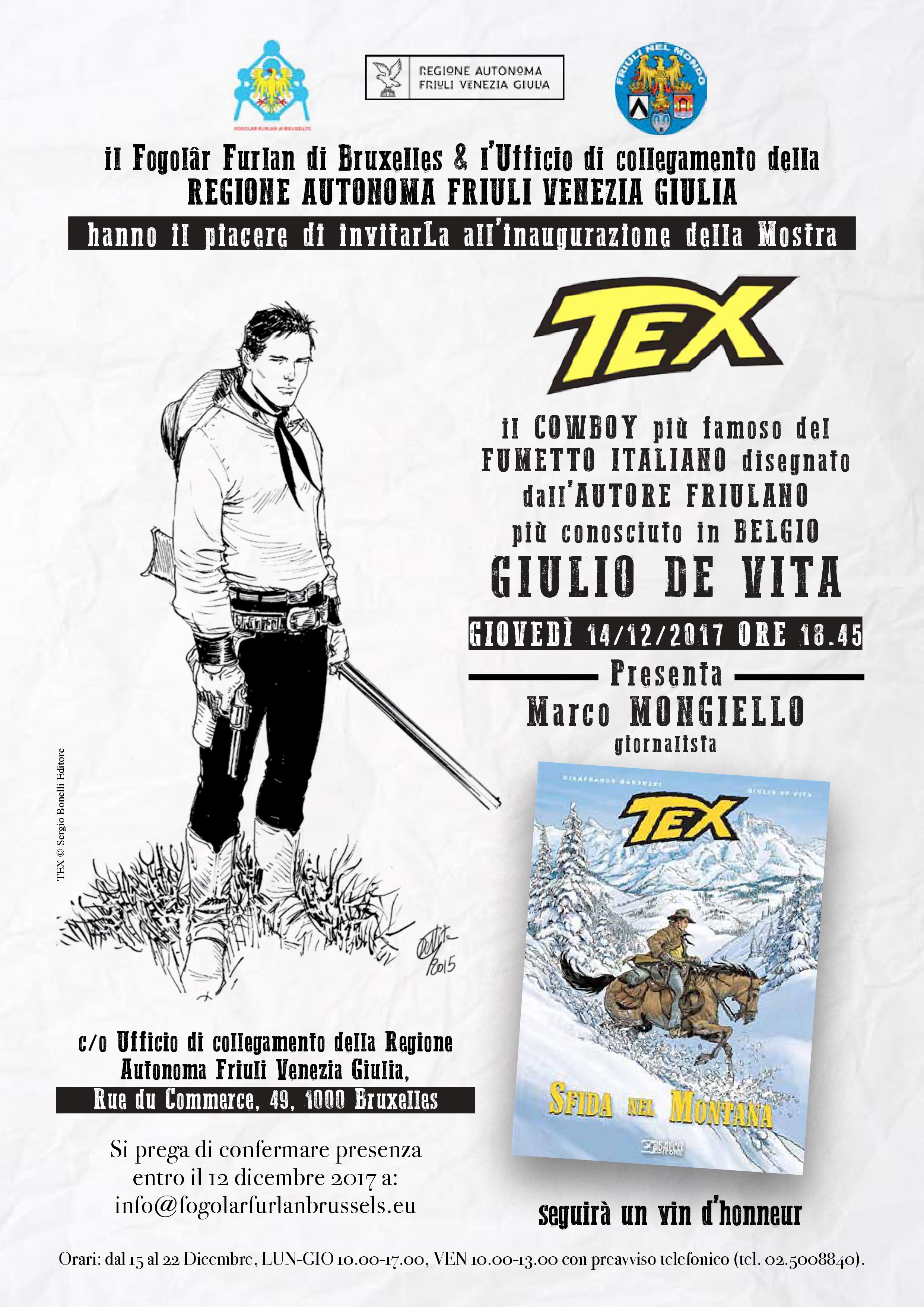 Mostra “Tex, il cowboy più famoso del fumetto italiano” (Fogolâr Furlan di Bruxelles, giovedì 14 dicembre ore 18.45, Rue du Commerce, 49, 1000 Bruxelles)