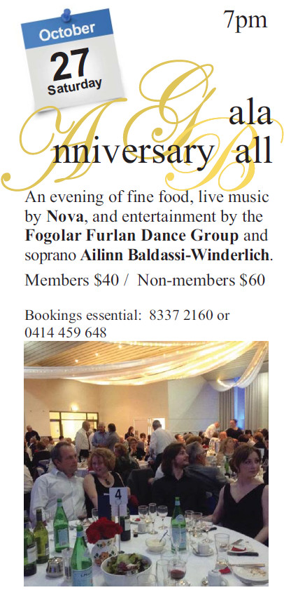 60° anniversario Fogolâr Furlan di Adelaide (Gala Anniversary Ball, sabato 27 ottobre, ore 19, 69 – Briar Road, Felixstowe SA, Adelaide South Australia 5060)