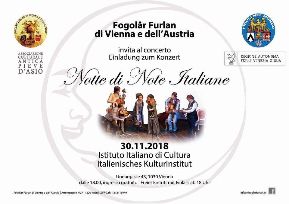 Concerto “Notte di Note Italiane” (Fogolâr Furlan di Vienna e dall’Austria, venerdì 30 novembre, ore 18, Istituto Italiano di Cultura, Ungargasse 43, Vienna)