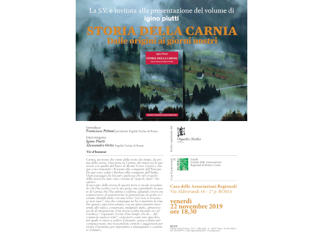 Presentazione del libro di Igino Piutti “Storia della Carnia” (Fogolâr di Roma, 22 novembre)