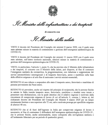 EMERGENZA COVID-19 Disposizioni di quarantena per chi rientra dall’estero