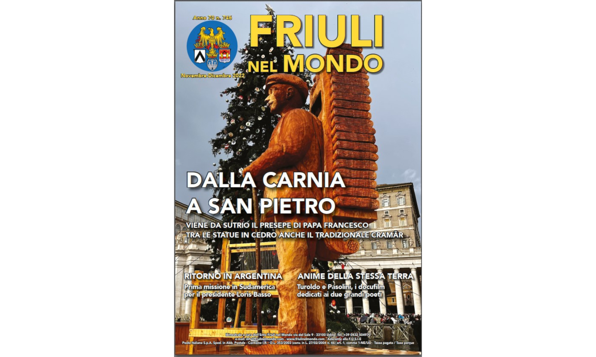 Il crâmar, simbolo dell’emigrazione friulana, protagonista nel Presepe di San Pietro e sulla copertina di Friuli nel Mondo n. 746