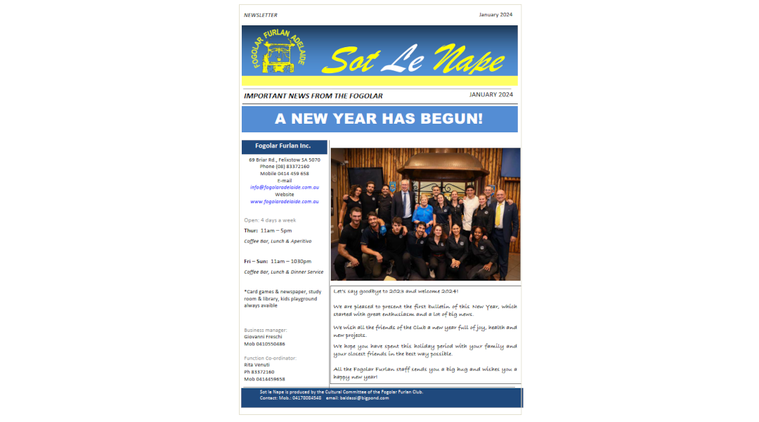 Sot le Nape – Jan 2024 – Newletter del Fogolâr Furlan Adelaide