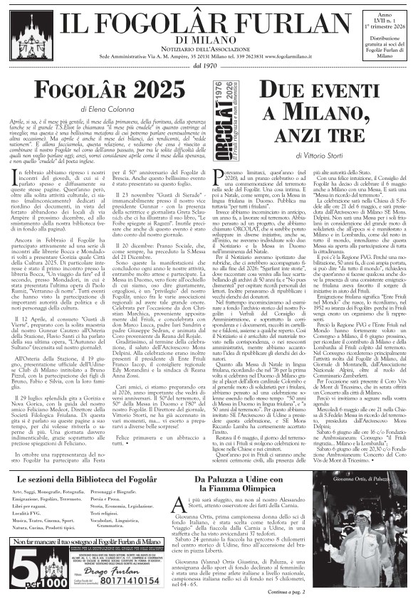 Notiziario del Fogolâr Furlan di Milano – I trimestre 2026